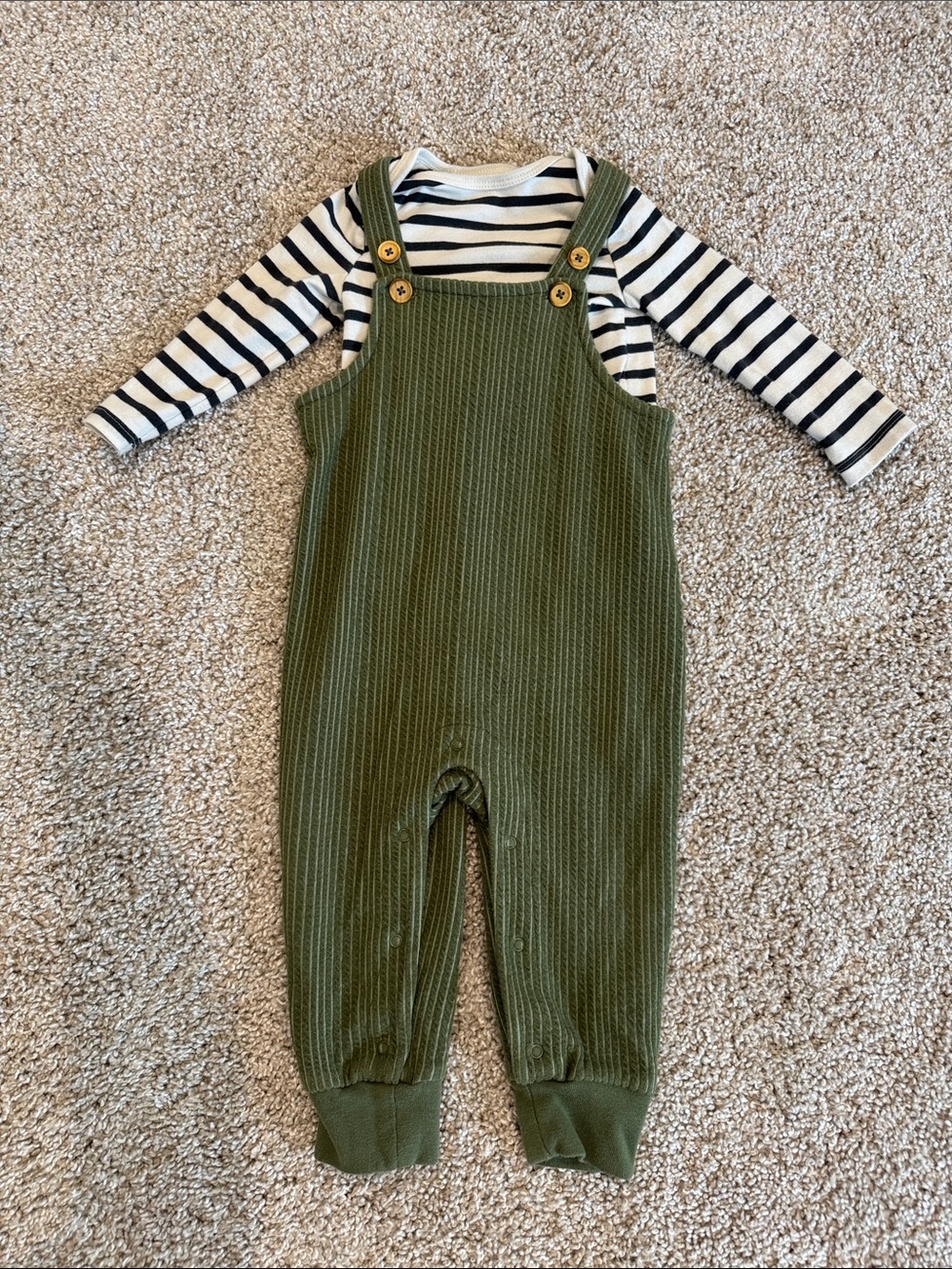 Cat & Jack Olive Green Ribbed Knit Overalls with Striped Bodysuit